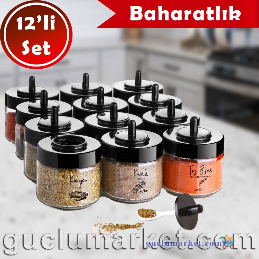 MAGEV 12'li Kaşıklı Baharatlık Seti - Kısa Boy - Siyah Serigrafi Etiketli Baharat Takımı