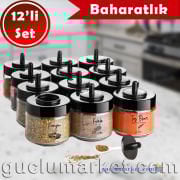 MAGEV 12'li Kaşıklı Baharatlık Seti - Kısa Boy - Siyah Serigrafi Etiketli Baharat Takımı