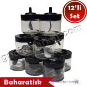 MAGEV 12'li Kaşıklı Baharatlık Seti - Kısa Boy - Siyah Serigrafi Etiketli Baharat Takımı