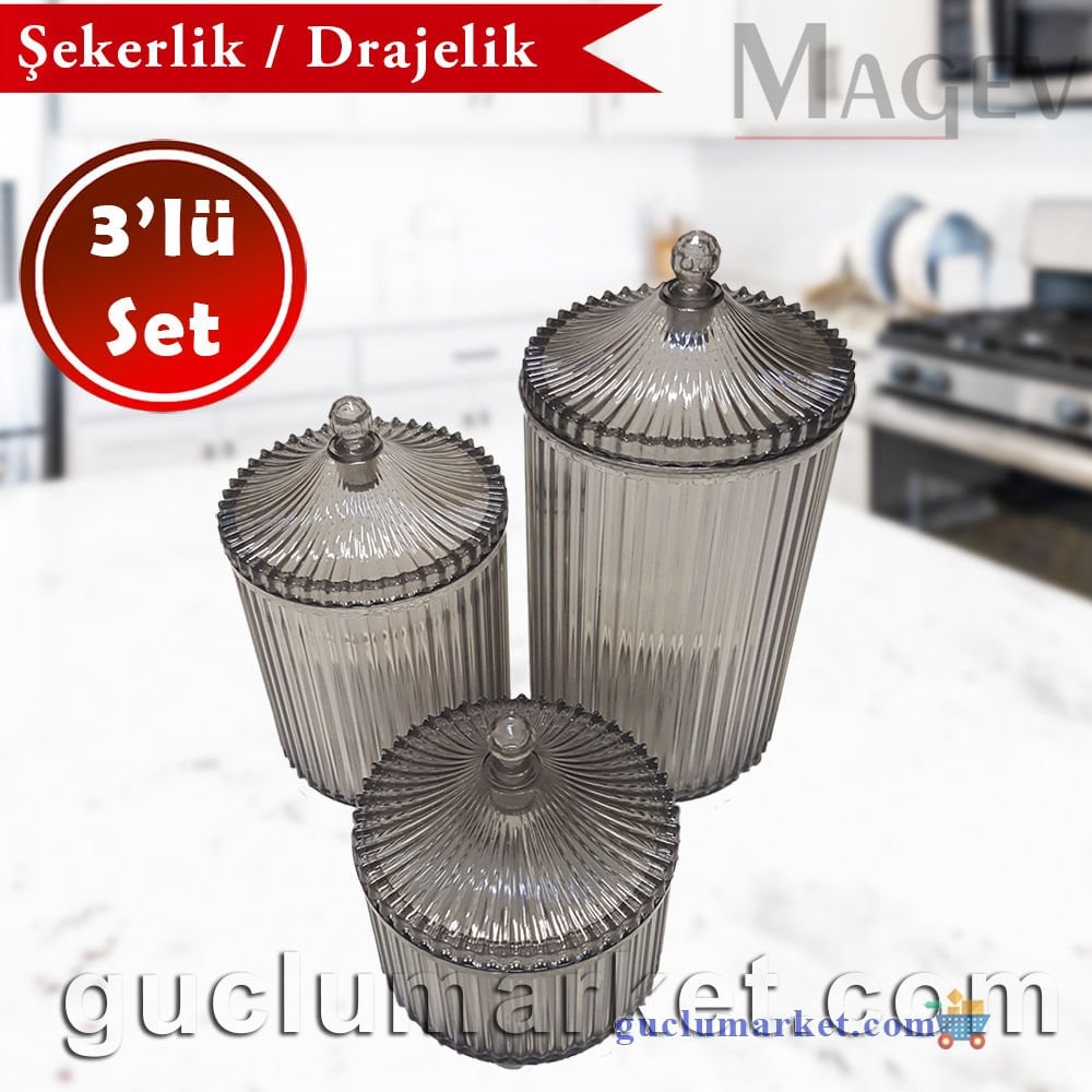 3'lü Şekerlik / Drajelik Seti, Akrilik, Tırtıklı, Huni Kapaklı