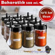 MAGEV 12'li Kaşıklı Baharatlık Seti - Uzun Boy 500 ml. - Etiketli Baharat Takımı