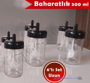 MAGEV 6'lı Baharatlık Seti - Uzun Boy 500 ml. - Etiketli, Kaşıklı Baharat Takımı