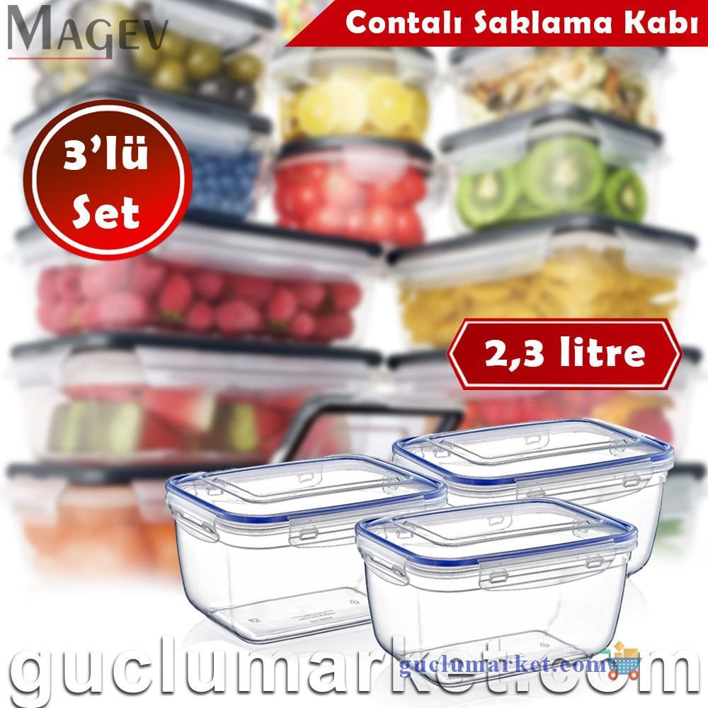 3'lü Contalı Saklama Kabı Seti - 2300 ml. Dikdörtgen Buzdolabı Düzenleyici
